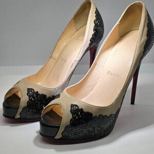 Christian Louboutin Two Tone Laser Cut Lace Patent And Leather Veramucha Peep To